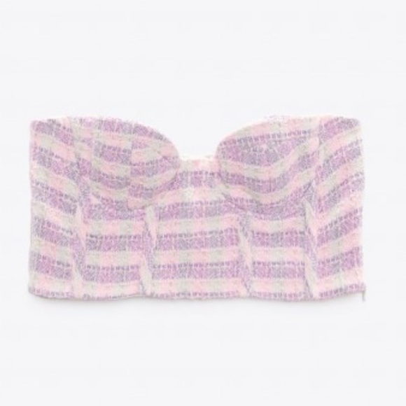 Zara woman’s pink/purple texture plaid corset tweed tube crop top - Picture 10 of 16